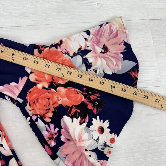 Eliza J Floral Print Shift Dress 12 Navy Blue Pink Bell Sleeve Wedding Guest - Picture 13 of 15